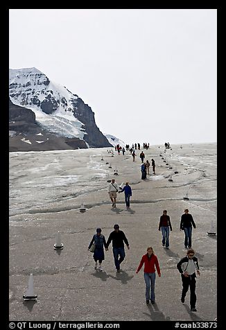 Tourists descending Athabasca Glacier. Jasper National Park, Canadian Rockies, Alberta, Canada (color)