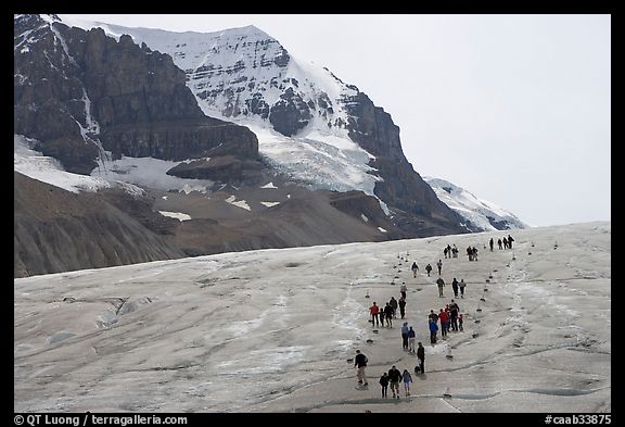 People amongst glacier and peaks, Columbia Icefield. Jasper National Park, Canadian Rockies, Alberta, Canada (color)