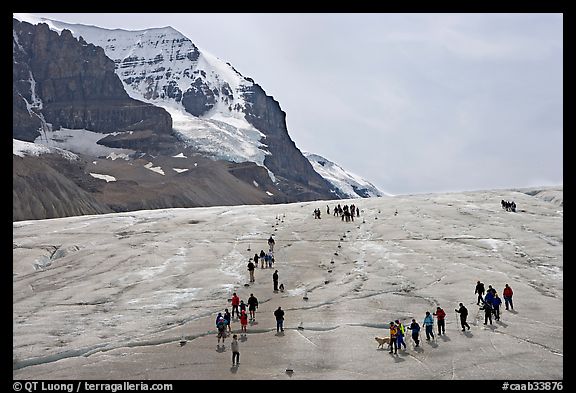 Groups of people amongst glacier and peaks. Jasper National Park, Canadian Rockies, Alberta, Canada