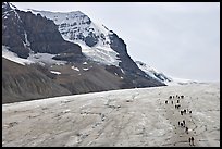 Toe of Athabasca Glacier with tourists in delimited area. Jasper National Park, Canadian Rockies, Alberta, Canada