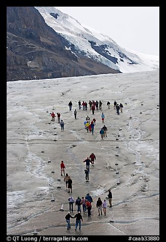 People in delimited area at the toe of Athabasca Glacier. Jasper National Park, Canadian Rockies, Alberta, Canada