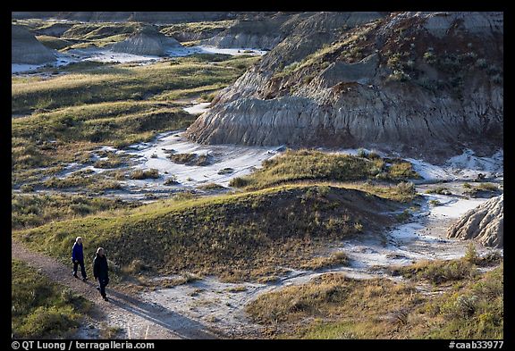 Hikers amongst badlands, morning, Dinosaur Provincial Park. Alberta, Canada