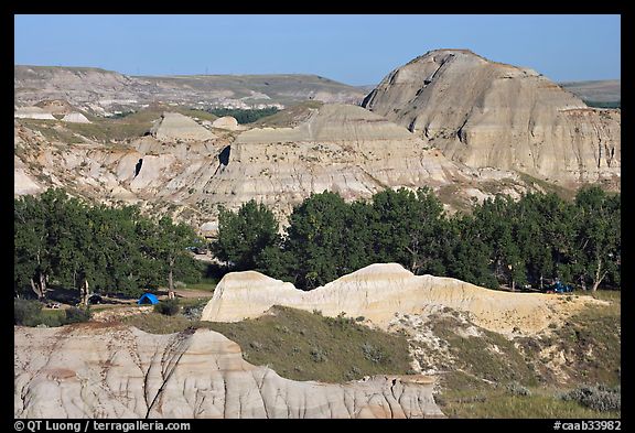 Campground amongst badlands, Dinosaur Provincial Park. Alberta, Canada (color)