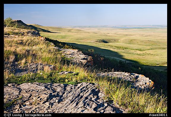 Prairie and foothills seen from the top of the cliff,  Head-Smashed-In Buffalo Jump. Alberta, Canada (color)