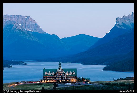 Prince of Wales hotel and upper Waterton Lake, dusk. Waterton Lakes National Park, Alberta, Canada