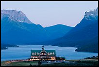 Prince of Wales hotel and upper Waterton Lake, dusk. Waterton Lakes National Park, Alberta, Canada (color)