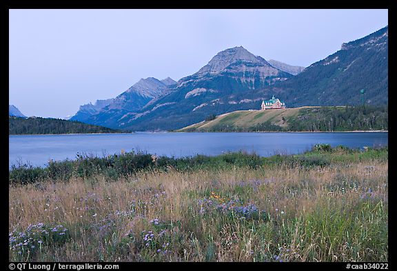 Prince of Wales hotel and upper Waterton Lake, dawn. Waterton Lakes National Park, Alberta, Canada