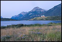 Prince of Wales hotel and upper Waterton Lake, dawn. Waterton Lakes National Park, Alberta, Canada