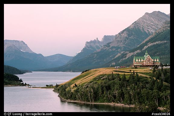 Waterton Lakes and Prince of Wales hotel, dawn. Waterton Lakes National Park, Alberta, Canada (color)
