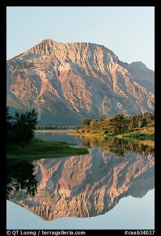 Mountain and reflexion in Middle Waterton Lake, sunrise. Waterton Lakes National Park, Alberta, Canada