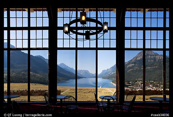 View over Waterton Lake through the windows of Prince of Wales hotel, morning. Waterton Lakes National Park, Alberta, Canada (color)