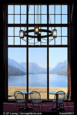 Waterton Lake seen though the immense picture windows of Prince of Wales hotel. Waterton Lakes National Park, Alberta, Canada