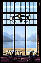 Waterton Lake seen though the immense picture windows of Prince of Wales hotel. Waterton Lakes National Park, Alberta, Canada (color)