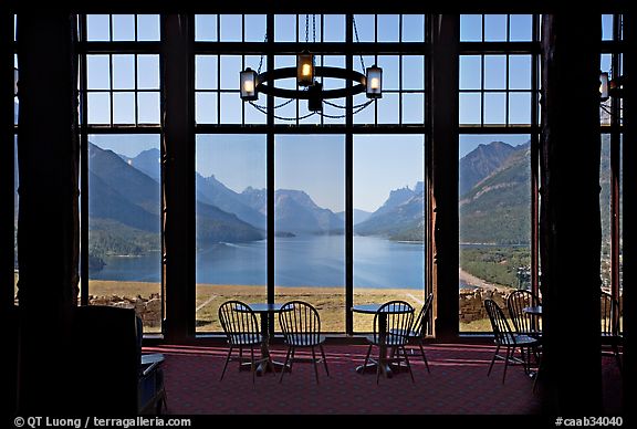 Lobby of Prince of Wales hotel with view over Waterton Lake. Waterton Lakes National Park, Alberta, Canada