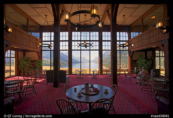 Table with view in lobby of Prince of Wales hotel. Waterton Lakes National Park, Alberta, Canada (color)