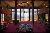 Table with view in lobby of Prince of Wales hotel. Waterton Lakes National Park, Alberta, Canada (color)