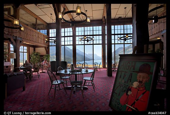 High Tea sign and lobby of historic Prince of Wales hotel. Waterton Lakes National Park, Alberta, Canada