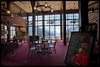 High Tea sign and lobby of historic Prince of Wales hotel. Waterton Lakes National Park, Alberta, Canada