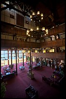 Lobby and chandelier of historic Prince of Wales hotel. Waterton Lakes National Park, Alberta, Canada