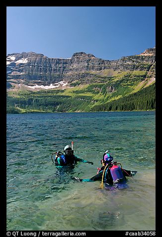 Scuba diving in Cameron Lake, a cold mountain lake. Waterton Lakes National Park, Alberta, Canada