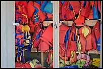 Lifejackets in Cameron Lake boathouse. Waterton Lakes National Park, Alberta, Canada