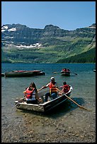 Families boating in Cameron Lake. Waterton Lakes National Park, Alberta, Canada