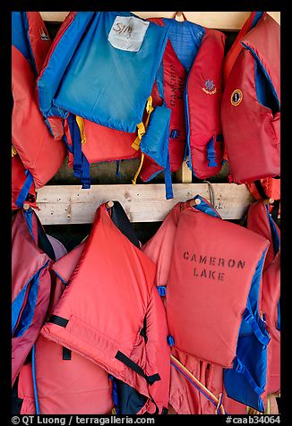 Lifevests in Cameron Lake boathouse. Waterton Lakes National Park, Alberta, Canada (color)