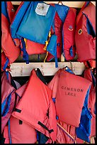 Lifevests in Cameron Lake boathouse. Waterton Lakes National Park, Alberta, Canada