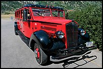 Red antique busses from Glacier National Park. Waterton Lakes National Park, Alberta, Canada (color)