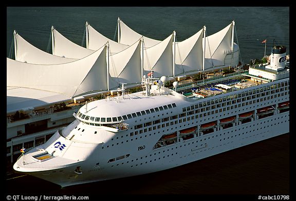 sail-like roof of Canada Place and cruise ship. Vancouver, British Columbia, Canada (color)