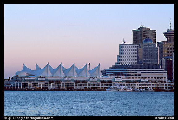 Canada Place and skyline at dusk. Vancouver, British Columbia, Canada (color)