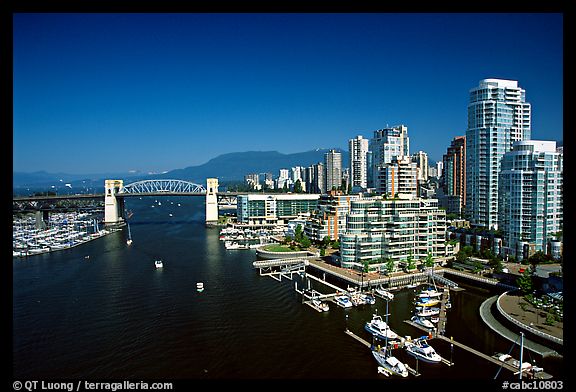 Burrard Bridge, harbor, and high-rise residential buildings. Vancouver, British Columbia, Canada (color)