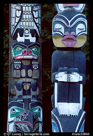 Two Totem sections, Stanley Park. Vancouver, British Columbia, Canada (color)