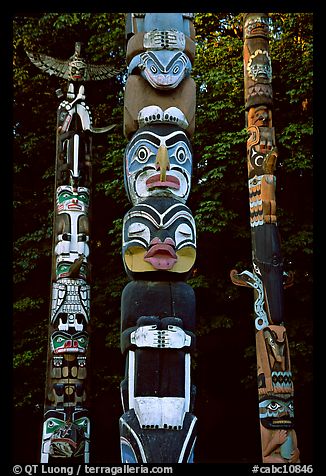 Three totems, Stanley Park. Vancouver, British Columbia, Canada (color)