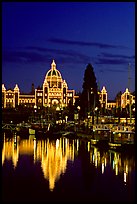 Parliament buildings lights reflected in the harbor. Victoria, British Columbia, Canada (color)