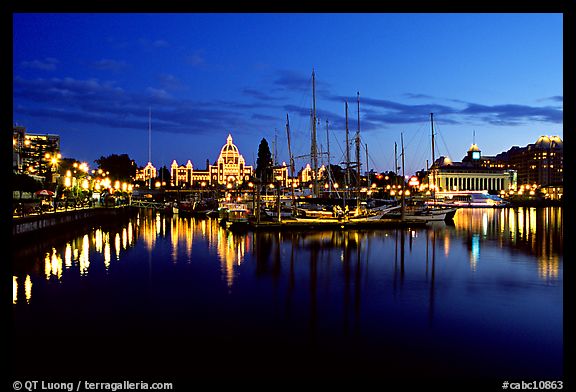 Boats in inner harbour and parliament buildings lights. Victoria, British Columbia, Canada