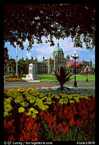 Parliament framed by leaves and flowers. Victoria, British Columbia, Canada