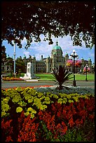 Parliament framed by leaves and flowers. Victoria, British Columbia, Canada (color)