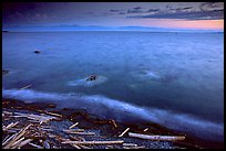 Beach with driftwood, and Olympic Mountains across the Juan de Fuca Strait. Victoria, British Columbia, Canada