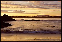 Marine landscape with a small boat in a distance, sunset. Pacific Rim National Park, Vancouver Island, British Columbia, Canada