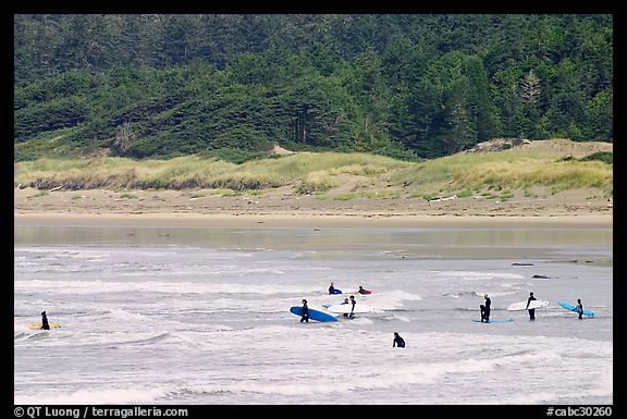 Surfers in Long Beach, the best surfing spot on Canada's west coast. Pacific Rim National Park, Vancouver Island, British Columbia, Canada (color)