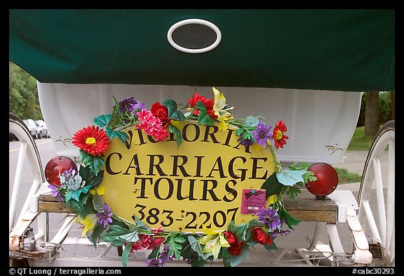 License plate of horse carriage car with flowers. Victoria, British Columbia, Canada