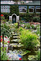 Pond in Italian Garden and Dining Room. Butchart Gardens, Victoria, British Columbia, Canada (color)