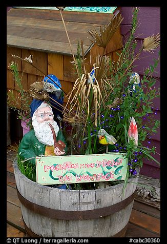 Whimsical basket with motto on houseboat. Victoria, British Columbia, Canada (color)