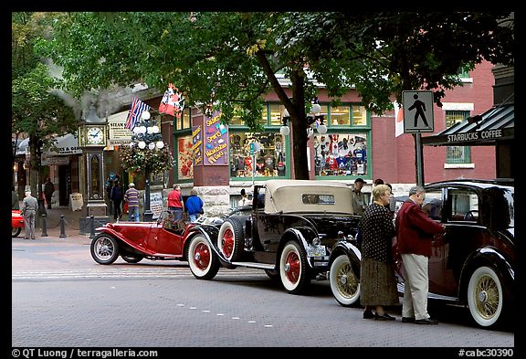 Classic cars in Water Street. Vancouver, British Columbia, Canada (color)