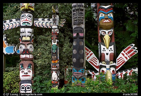 Totem collection near the Capilano bridge. Vancouver, British Columbia, Canada (color)
