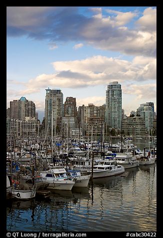 Skyline and boats seen from Fishermans harbor, late afternoon. Vancouver, British Columbia, Canada