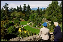 Elderly couple looking at the Sunken Garden in Queen Elizabeth Park. Vancouver, British Columbia, Canada