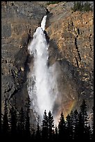 Takakaw Falls, trees and rainbow arc. Yoho National Park, Canadian Rockies, British Columbia, Canada