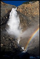 Takkakaw Falls, mist, and rainbow, late afternoon. Yoho National Park, Canadian Rockies, British Columbia, Canada